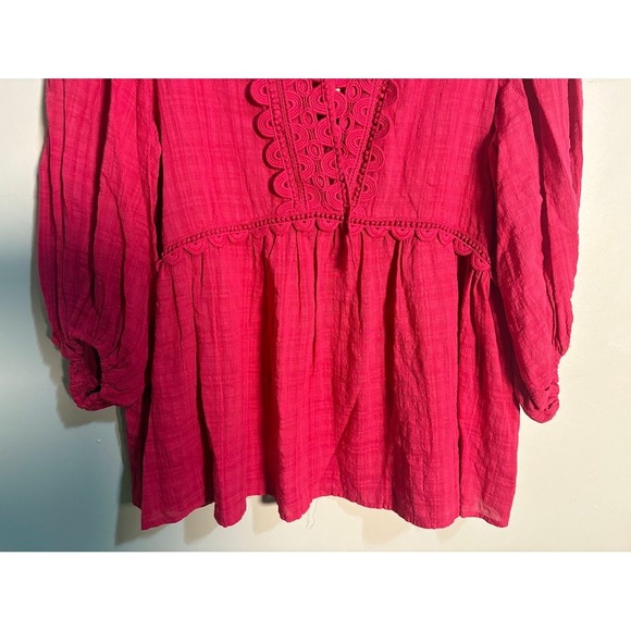 MAX STUDIO Cerise Pink Lace Trim Peasant Blouse Top Womens Large L NWT - Picture 3 of 11